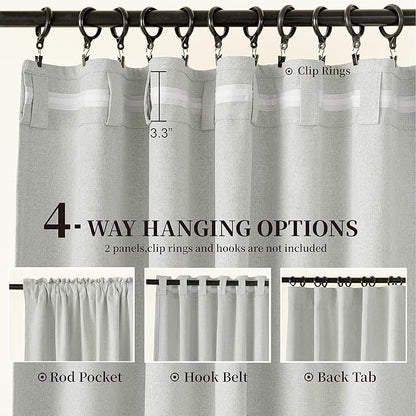 Extra Long Blackout Linen Curtains for Bedroom 102 Inches Long, Back Tab Hook Belt Loop Pocket Linen Drapes 2 Panels Set, Nursery Light Blocking Curtains, 52" W x 102" L, Greyish White