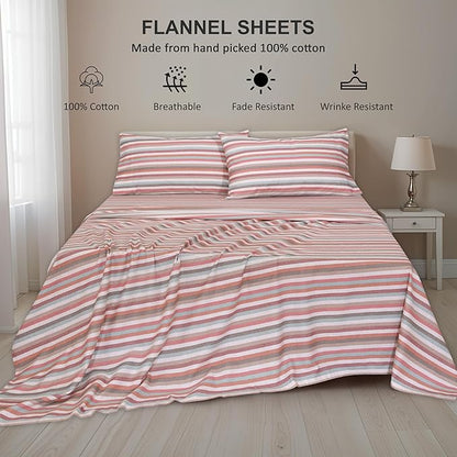 RUVANTI Flannel Sheets Full Size - 100% Cotton Double Brushed Bed Sheets Set, Deep Pockets 16 Inches, All Seasons Breathable & Extra Soft Full Sheets, Warm & Cozy, 4 Piece, Multi Chevron Stripe