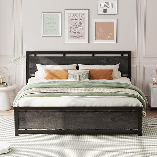 LIKIMIO King Bed Frame with Headboard and Footboard, Metal Strong Supports, Easy Assembly, Noise-Free, No Box Spring Needed, Charcoal Grey
