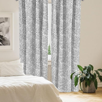 Ambesonne Black and White Window Curtains, Paisley Design with Sketch Style Flowers Leaves on Monochrome Background, Decor 2-Panel Set with Rod Pocket, Pair of - 28" x 63", White and Charcoal
