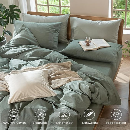 MooMee Bedding Duvet Cover Set 100% Washed Cotton Linen Like Textured Breathable Durable Soft Comfy (Heathered Green, Twin 68"x90")