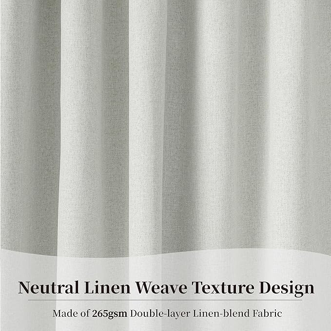 KangBang 100% Blackout Linen Curtains 63 Inches Long 2 Panels, Thermal Insulated Back Tab Loop Pocket Pleated Neutral Small Window Drapes for Bedroom, Greyish White,52x63