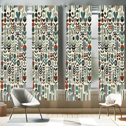 Ambesonne Leafy Art Window Curtains Pack of 2, Scandinavian Leaves Pattern with Geometric Roundy Modern Boho Print, Lightweight Set with Rod Pocket, 4 Panels of - 28" x 63", Pale Green Redwood Teal