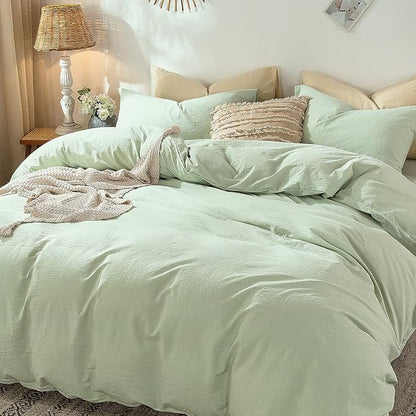MooMee Bedding Duvet Cover Set 100% Washed Cotton Linen Like Textured Breathable Durable Soft Comfy (Heathered Seaglass Green, Cal King 104"x98")