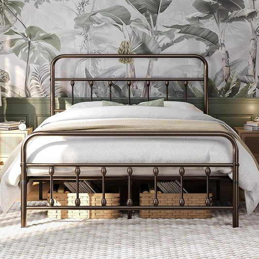 Yaheetech Classic Metal Platform Bed Frame Mattress Foundation with Victorian Style Iron-Art Headboard/Footboard/Under Bed Storage/No Box Spring Needed/Full Size Bronze