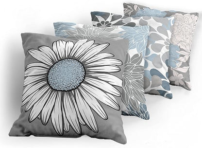 Ambesonne Floral Throw Pillow Cushion Case Pack of 4, Flower Petals Modern Color Palette Chamomile Peony Dahlia and Sunflower Print, Modern Accent Double-Sided Digital Printing, 20", Baby Blue Grey