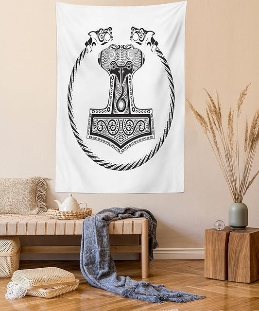 Lunarable Mjolnir Tapestry, Thor's Hammer with Scandinavian Folk Nordic Ornamental Art, Wall Hanging for Bedroom Living Room Dorm Decor, 60" X 80", White Charcoal