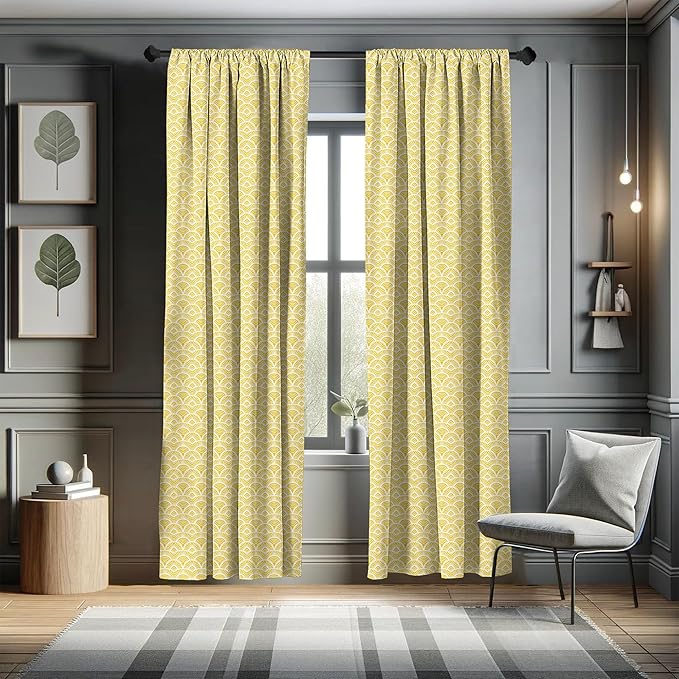 Ambesonne Abstract Window Curtains, Hand Drawn Vintage Half Circles Sun Themed Bohemian Ornamental Vibrant Pattern, Lightweight Decor 2-Panel Set with Rod Pocket, Pair of - 28" x 84", White and Yellow