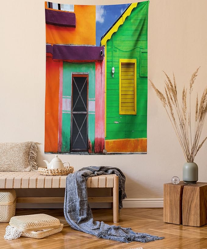 Lunarable Mexican Tapestry Twin Size, Caribbean Houses in Vibrant Color Scheme in Isla Mujeres Mexico Latin America Photo, Wall Hanging Bedspread Bed Cover Wall Decor, Twin Size, Green Pink