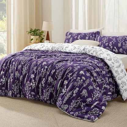 Bedsure King Comforter Set - Dark Purple Bed Set, 3 Pieces Cute Floral Bedding, 1 Soft Reversible Botanical Flowers Comforter and 2 Pillow Shams