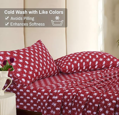 RUVANTI Flannel Sheets Twin Size - 100% Cotton Double Brushed Twin Sheets Set, Deep Pockets 16 Inches, All Seasons Breathable & Extra Soft Bed Sheets, Warm & Cozy, 3 Piece, Red Christmas