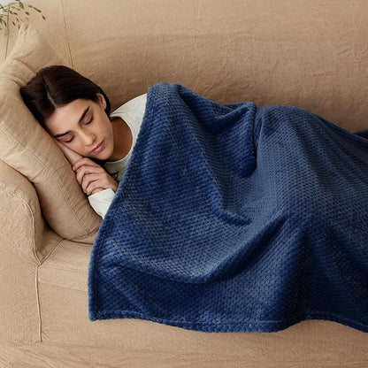 Exclusivo Mezcla Fleece Bed Blanket Queen Size, Super Soft and Warm Blankets for Couch, Sofa and Bed Waffle Textured, Cozy, Fuzzy and Lightweight (Navy Blue, 90x90 Inches)