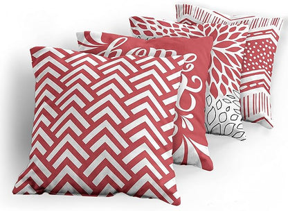 Ambesonne Geometric Throw Pillow Cushion Case Pack of 4, Home Phrase Minimal Zigzag Squama Dahlia Flower Petals Chevron Tribal, Modern Accent Double-Sided Digital Printing, 24", Dark Coral and White