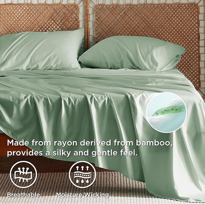 Bedsure California King Sheet Sets, Cooling Sheets, Rayon Derived from Bamboo, Breathable & Soft, Deep Pocket Up to 16 Inches, Hotel Luxury Silky Bedding for Hot Sleepers, Sage Green