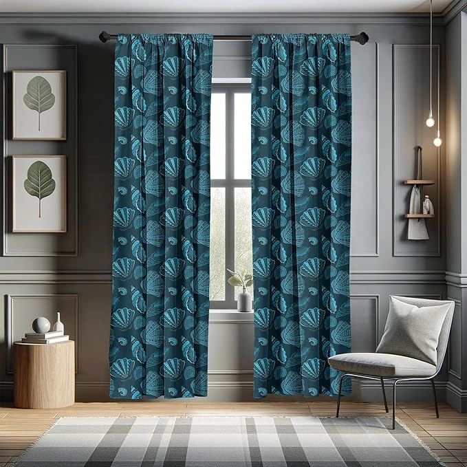 Ambesonne Scallop Window Curtains, Repetitive Seashell Aquatic Underwater Sea Creatures Pattern, Lightweight Decor 2-Panel Set with Rod Pocket, Pair of - 28" x 95", Blue Petrol