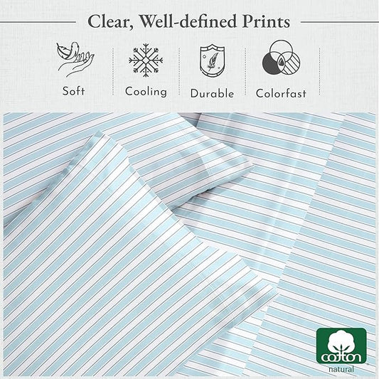 California Design Den Queen Sheet Set - 400 Thread Count Sateen, Natural 100% Cotton Bed Sheets Queen Size, Deep Pocket Cooling and Durable Bedding - Cape Stripe