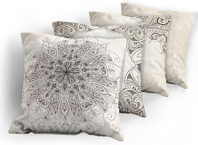 Ambesonne Ethnic Throw Pillow Cushion Case Pack of 4, Mandala Design Cultural Folkloric Motifs Swirling Floral Style Art Illustration, Modern Accent Double-Sided Digital Printing, 20", Eggshell Brown