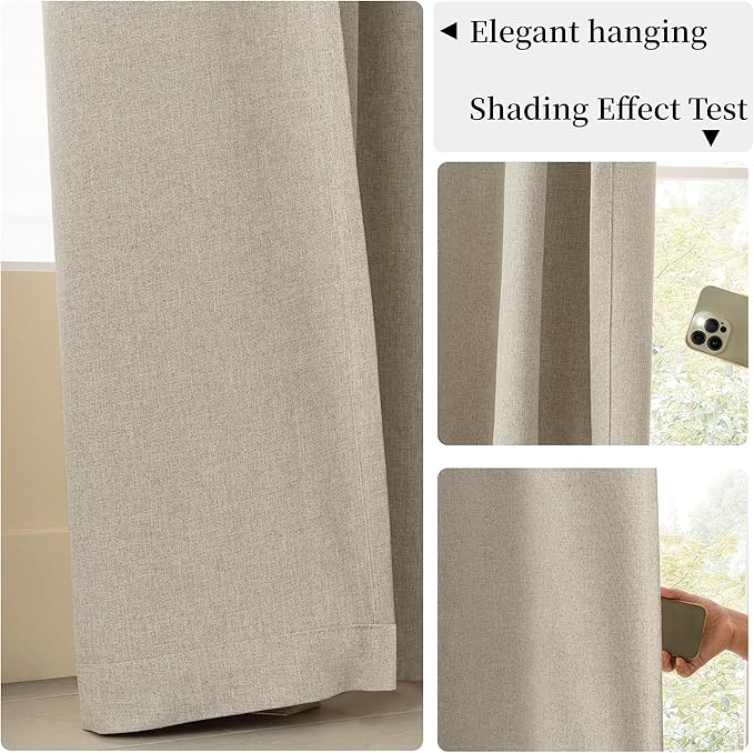 KangBang 100% Blackout Linen Curtains 90 Inches Long, Black Out Linen Curtains for Living Room 2 Panels, Back Tab/Rod Pocket/Hook Belt Thermal Insulated Drapes, Farmhouse Luxury Burlap Drapes, W52xL90