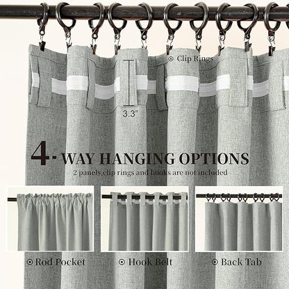 KangBang 100% Blackout Linen Curtains 90 Inches Long 2 PCs, Back Tab Rod Pocket Energy Saving Gray Curtains for Bedroom Dining Home Office, Thermal Insulated & Noise Reducing(Ash Fog Grey,52x90 Inch)