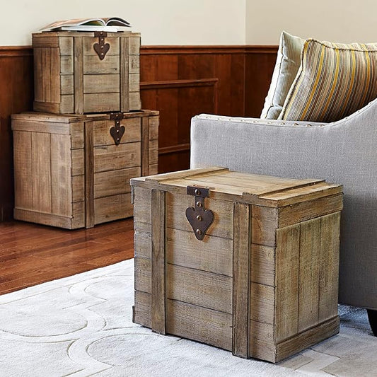 Household Essentials Antiqued Decorative Trunk, 3 Piece Set, Small, Medium and Large, Chinese Fir Panel and MDF, Smooth Backing and Metal Hinge Accent, Flat Top and Stay-Open Lid