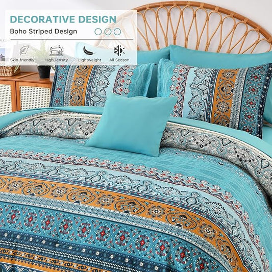 Boho Full Comforter Set 8 Pieces,Teal and Yellow Bohemian Comforter Paisley Striped Bed in A Bag,Soft Microfiber Bedding Set for All Season