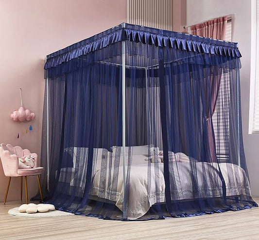 Mengersi 4 Corners Post Canopy Bed Curtains Navy Blue- Bed Canopy Royal Luxurious Bed Drapes Netting- Elegant Bedroom Decoration Accessories for Adults,King