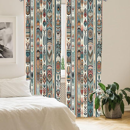 Ambesonne Ethnic Curtains, Folkloric Style Floral Ornaments with Bohemian Oriental Motifs as Stripes, Window Treatments 2 Panel Set for Living Room Bedroom, Pair of - 28" x 84", Teal Coral and Orange