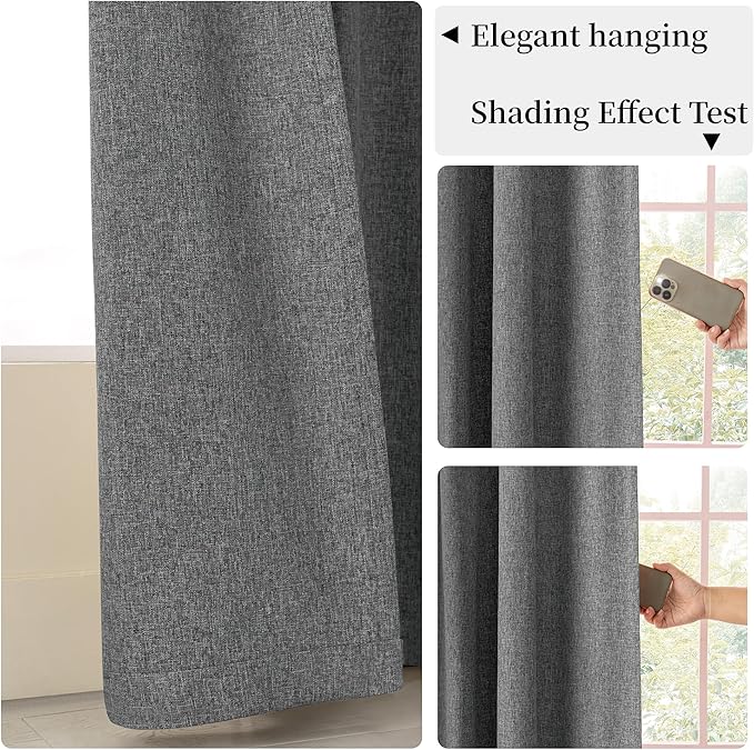 KangBang 2Pcs Blackout Curtains 96 Inches Long for Bedroom Back Tab Curtains Hook Belt Rod Pocket Linen Textured Thermal Greige Gray Drapes Window Treatment Panels for Living Room, 52x96