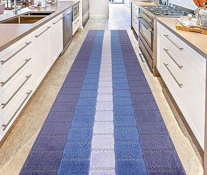 Custom Size Coastal Nautical Style Runner Rug Carpet for Hallway Entryway, Slip Resistant Latex Rubber Backed, 31 inch Wide X Customized Length, Squares Blue, 31 inch X 35 feet
