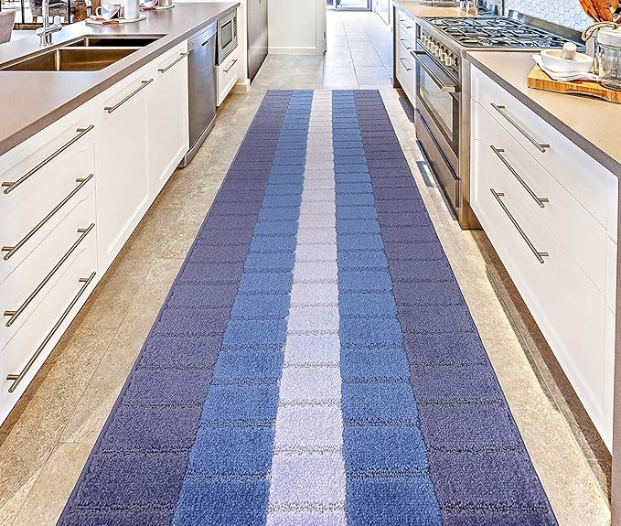 Custom Size Coastal Nautical Style Runner Rug Carpet for Hallway Entryway, Slip Resistant Latex Rubber Backed, 31 inch Wide X Customized Length, Squares Blue, 31 inch X 26 feet