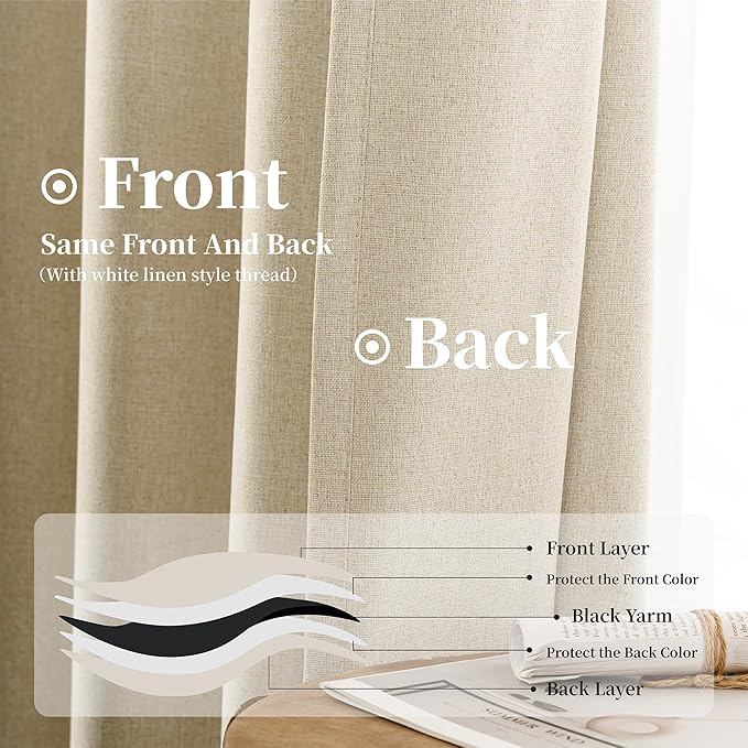 KangBang 72x108 Inch Blackout Curtains-Hook Belt Back Tab Linen Textured Drapes for Living Room Patio Door, Noise Reducing Rustic Farmhouse Curtain Panels, Natural Beige, 2Pcs