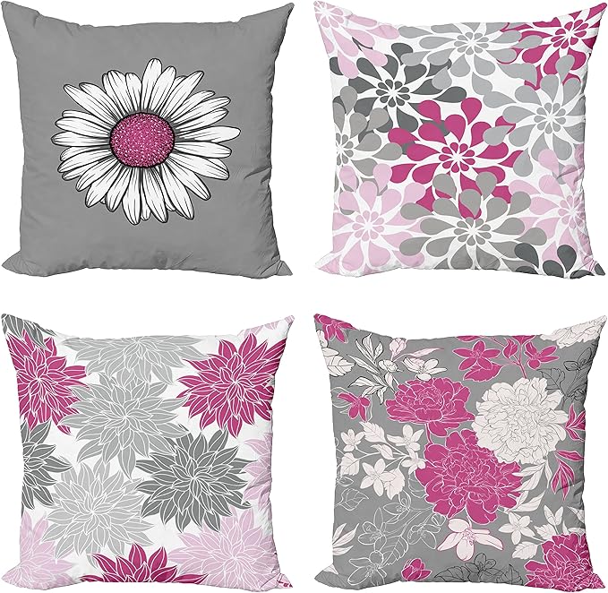 Ambesonne Floral Throw Pillow Cushion Case Pack of 4, Flower Petals Modern Color Palette Chamomile Peony Dahlia and Sunflower Print, Modern Accent Double-Sided Digital Printing, 16", Pink and Grey
