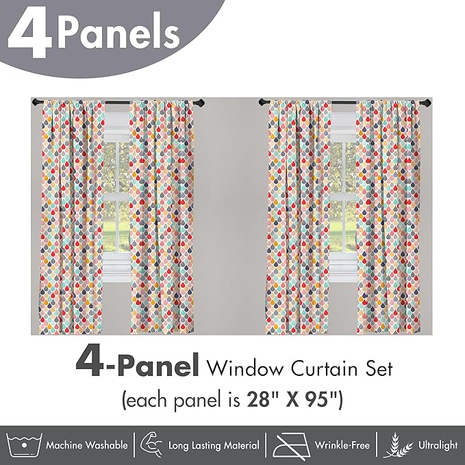 Ambesonne Geometric Window Curtains Pack of 2, Raindrops Doodle Style Creative Leaf Shaped Colorful Girls Theme, Lightweight Set with Rod Pocket, 4 Panels of - 28" x 95", Teal Coral