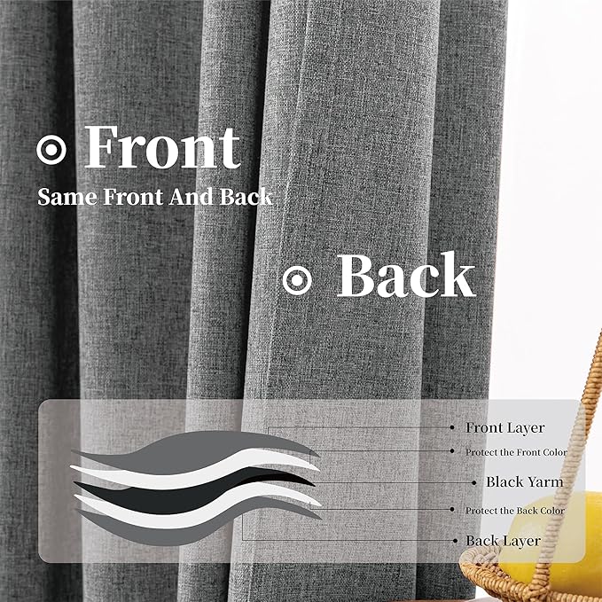 KangBang 2Pcs Blackout Curtains 96 Inches Long for Bedroom Back Tab Curtains Hook Belt Rod Pocket Linen Textured Thermal Greige Gray Drapes Window Treatment Panels for Living Room, 52x96