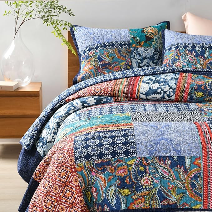 Secgo California King Quilt Size - 100% Cotton Oversized California Comforter Set Bedding Sets (120 * 110 Inch) with 2 Pillow Shams, Patchwork Reversible Lightweight Bedspread