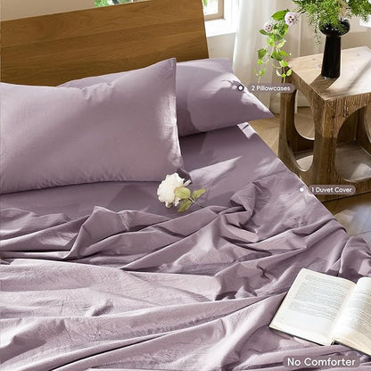 MooMee Bedding Duvet Cover Set 100% Washed Cotton Linen Like Textured Breathable Durable Soft Comfy (Solid Taro Purple, Palatial King/Oversized King 120"x98")