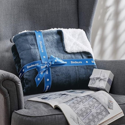 Bedsure GentleSoft Sherpa Fleece Blankets King Size for Bed - Thick and Warm, Soft Fuzzy Plush King Blanket for Winter, Slate Blue, 108x90 Inches
