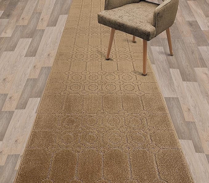 Custom Size Modern Abstract Floor Carpet Runner Rug for Hallways, Slip Resistant Latex Rubber Backed, 31 inch Wide X Customized Length, Art Gold Tan, 31 inch X 10 feet