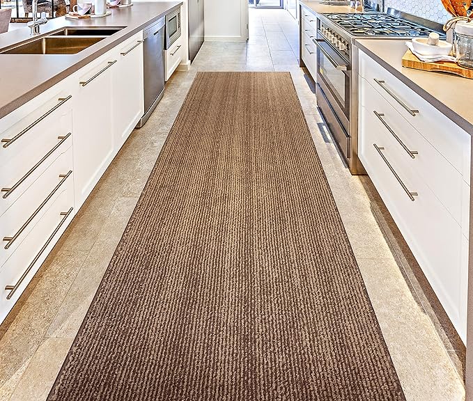 Custom Length Cut to Size Wide Width Carpet Runner Rug for Hallways, Slip Resistant Latex Rubber Backed, 31 inch Wide X Customized Length, Stripe Brown, 31 inch X 20 feet