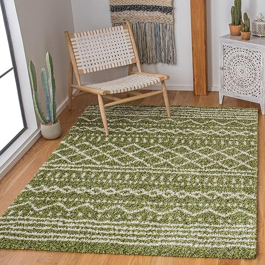 SAFAVIEH Arizona Shag Collection Area Rug - 6'7" x 9'2", Green & Ivory, Moroccan Design, Non-Shedding & Easy Care, 1.6-inch Thick Ideal for High Traffic Areas in Living Room, Bedroom (ASG741X)