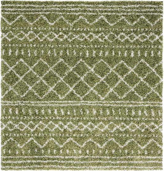 SAFAVIEH Arizona Shag Collection Accent Rug - 3'2" Square, Green & Ivory, Moroccan Design, Non-Shedding & Easy Care, 1.6-inch Thick, Ideal for The Living Room, Dining, Bedroom (ASG741X)
