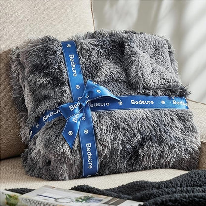 Bedsure GentleSoft Fuzzy Faux Fur Sherpa Fleece Blanket Twin Size, Plush Thick Warm Twin Blanket for Bed, College Dorm Essentials Gifts for Girls Boys, Tie Dye Grey Decor for Winter, 60x80
