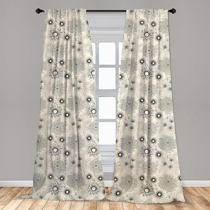 Ambesonne Dahlia Curtains, Vintage Style Garden Flower Sketches of Dahlia and Chrysanthemum Botany Theme, Window Treatments 2 Panel Set for Living Room Bedroom, Pair of - 28" x 95", Beige Black