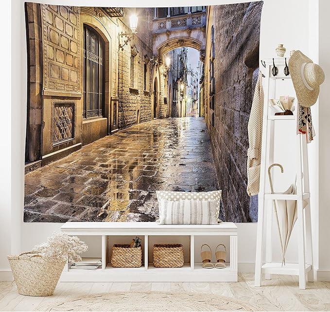 Lunarable City Tapestry, Narrow Street Gothic Design Architecture Carrer del Bisbe Barcelona Spain Europe, Wide Wall Hanging for Bedroom Living Room Dorm, 80" X 60", Tan Pale Brown