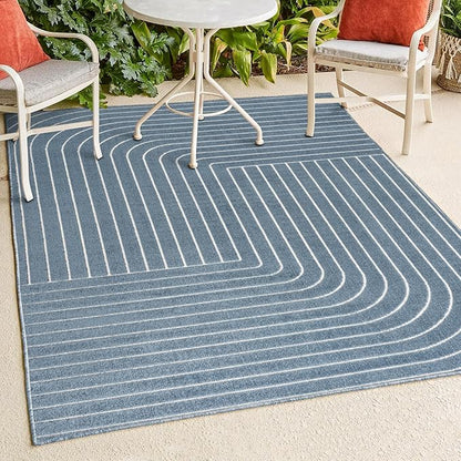 Eyely NCS101D-8 Odense High-Low Minimalist Angle Geometric Dark Blue/Cream 8 ft. x 10 ft. Indoor/Outdoor Area Rug, for Home, Backyard, Patio, Porch, Bedroom, Kitchen, Living Room