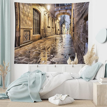 Lunarable City Tapestry, Narrow Street Gothic Design Architecture Carrer del Bisbe Barcelona Spain Europe, Wide Wall Hanging for Bedroom Living Room Dorm, 60" X 40", Tan Pale Brown