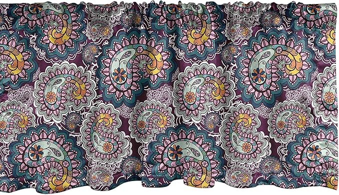 Lunarable Paisley Window Valance, Vibrant Colored Design with Lace Pattern Backdrop Vintage Lively, Curtain Valance for Kitchen Bedroom Decor with Rod Pocket, 54" X 12", Orange Teal