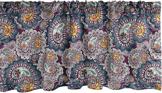 Lunarable Paisley Window Valance, Vibrant Colored Design with Lace Pattern Backdrop Vintage Lively, Curtain Valance for Kitchen Bedroom Decor with Rod Pocket, 54" X 12", Orange Teal