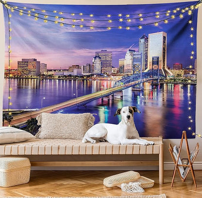 Ambesonne Urban Tapestry, Jacksonville Florida Architecture Business District Cityscape Evening Scene, Wide Wall Hanging for Bedroom Living Room Dorm, 60" X 40", Violet Blue Peach