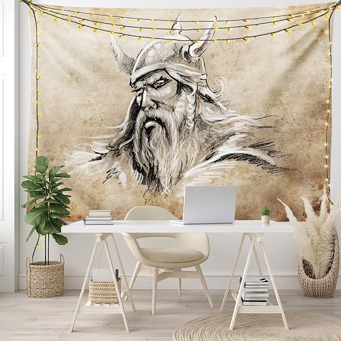 Lunarable Viking Tapestry, Sketch Style Scandinavian Warrior with Beard and Hat Masculine Portrait Tattoo, Wide Wall Hanging for Bedroom Living Room Dorm, 60" X 40", Beige Tan